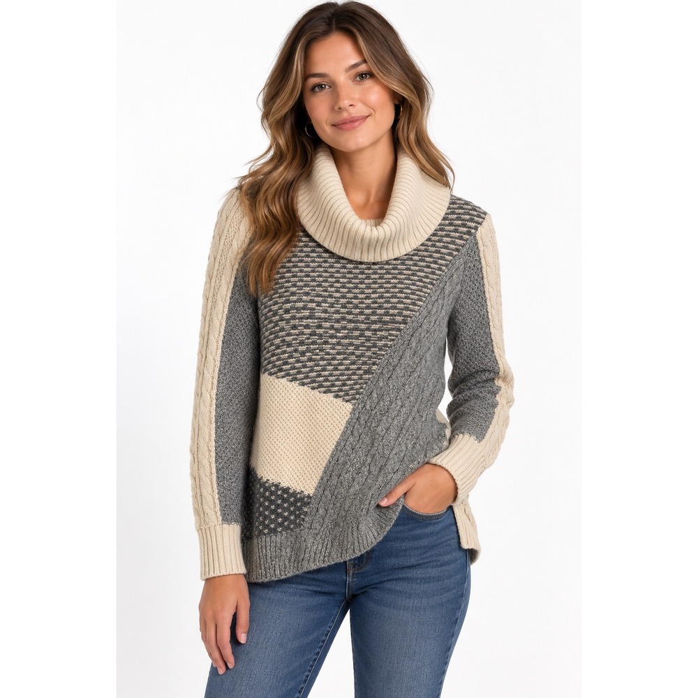 Ost Womens Cotton Cashmere Mixed Knit Turtleneck Sweater Grey Cream Small